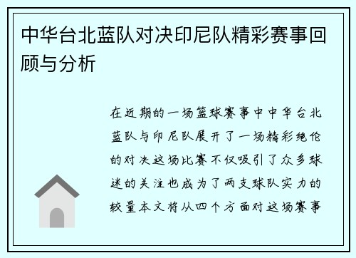 中华台北蓝队对决印尼队精彩赛事回顾与分析